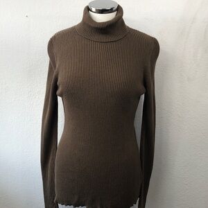 Peruvian Connection Long Brown Ribbed Knit Turtleneck Lettuce Edge Pima Cotton M